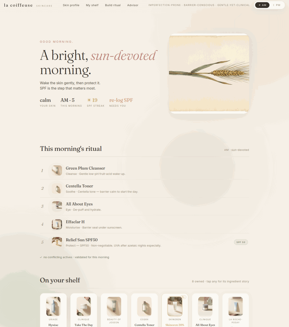 The La Coiffeuse skincare app, laying out a morning ritual step by step.
