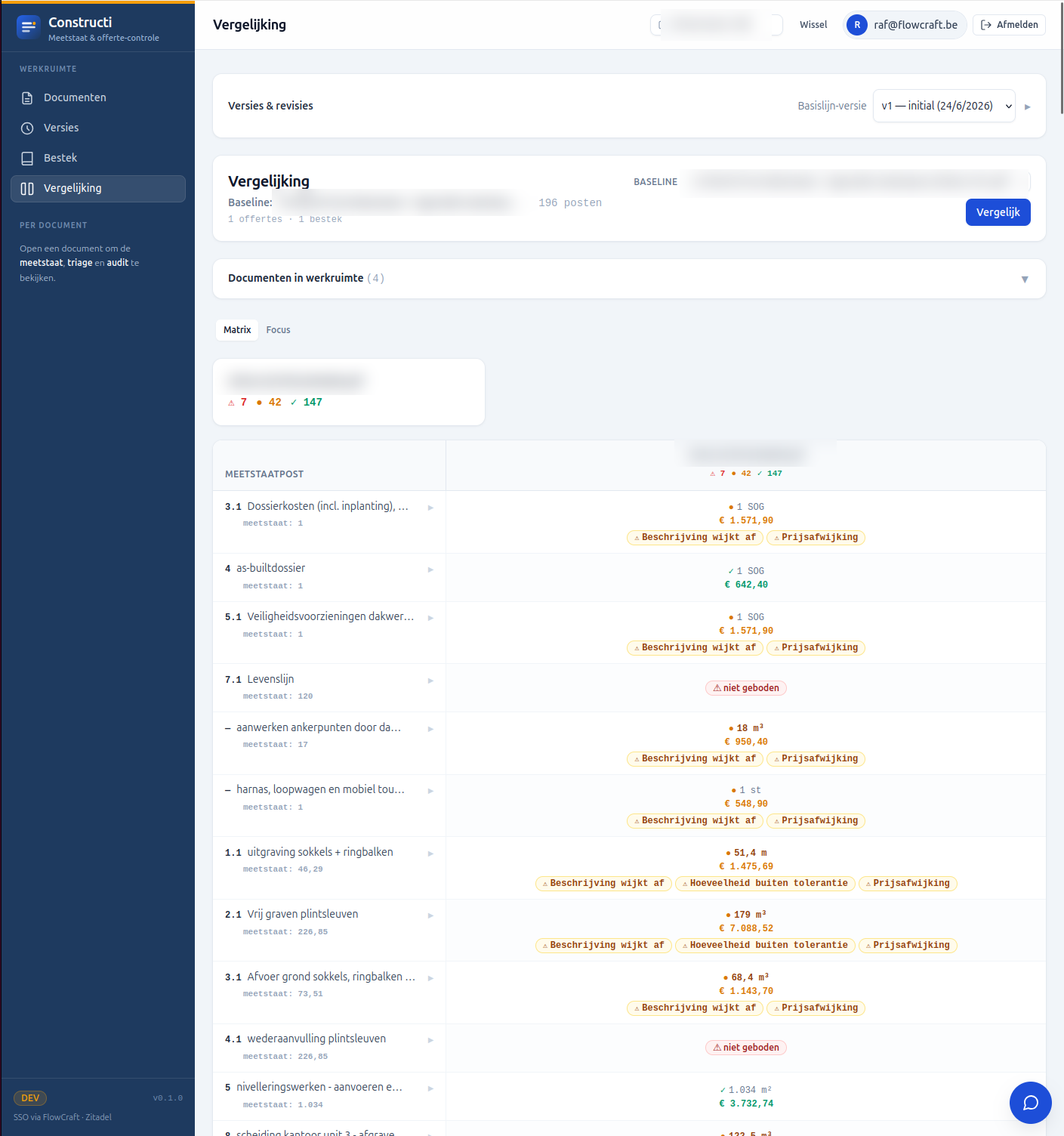 The Constructi tender-comparison view, lining quotes up post by post (client data blurred).