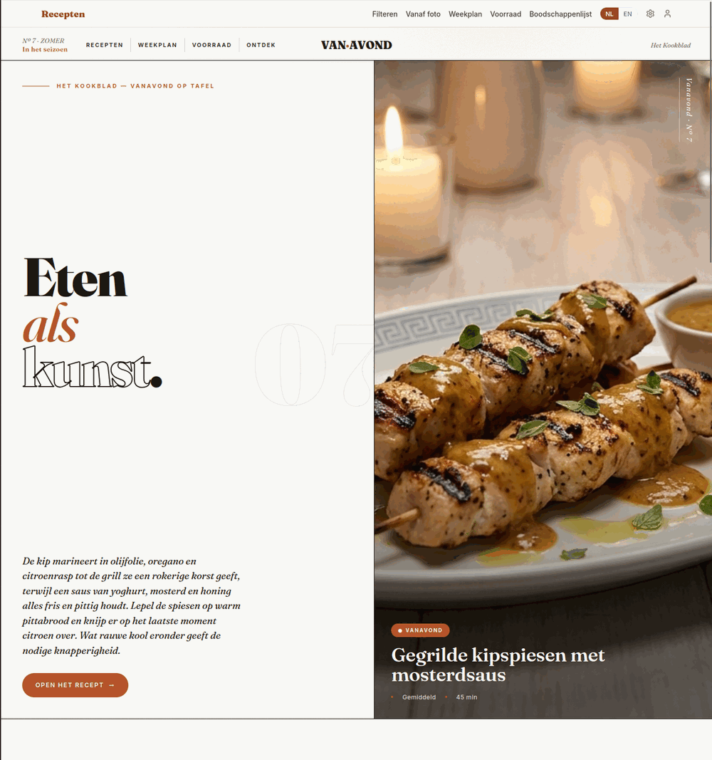 The Vanavond recipe platform — an editorial home-kitchen view.