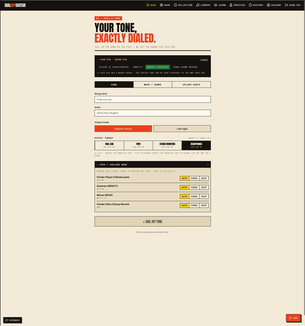The DialMyGuitar tone engine, dialling a patch for a specific rig.
